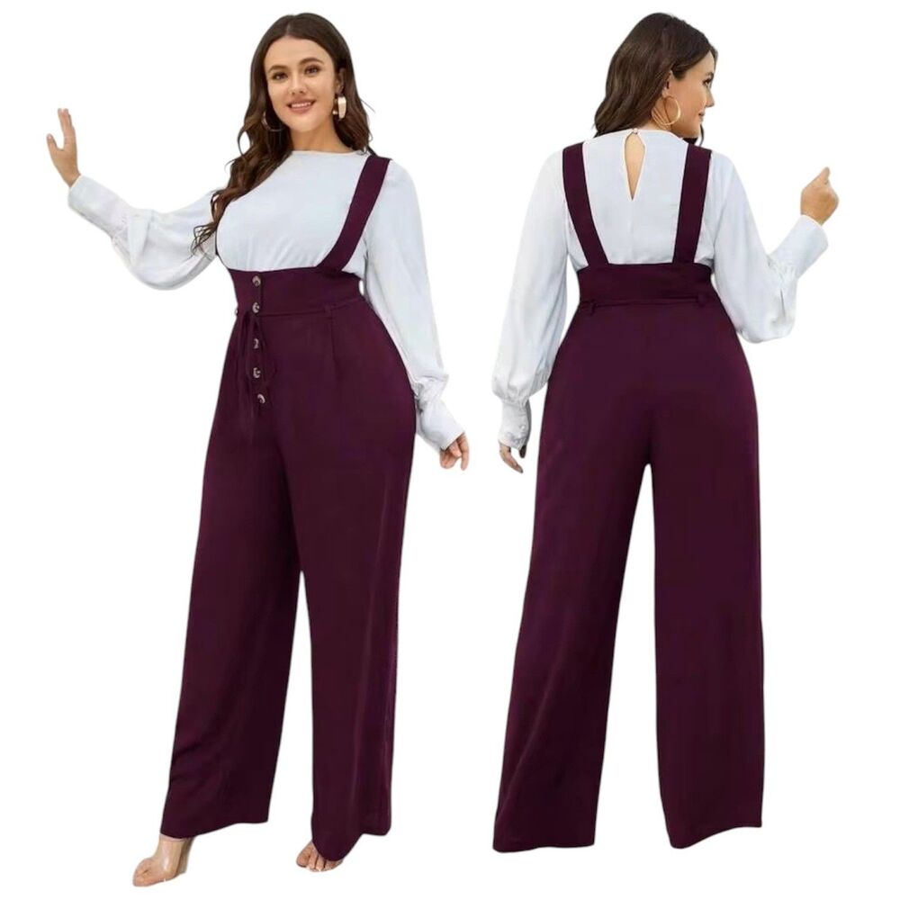 SHEIN CURVE 1XL Burgundy Wide Leg Jumpsuit Button Front Tie Waist Sleeveless